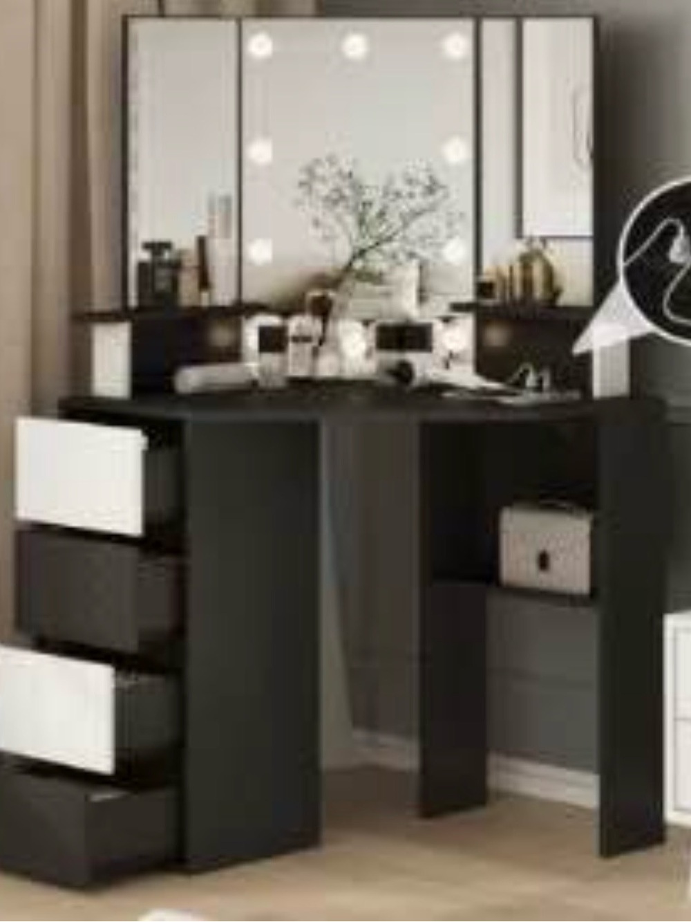 Black Vanity Dressing Table with Mirror and Storage